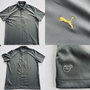 Puma Golf Cool Cell Polo Shirt L Gray Yellow‎ Logo Vent Back Stretch Performance